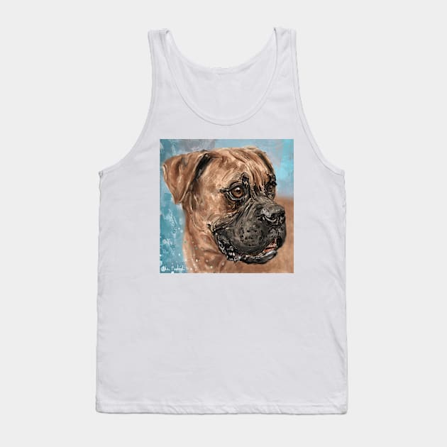 Painting of a Brown Coated Boxer Dog Looking to the Side on Light Blue Background Tank Top by ibadishi